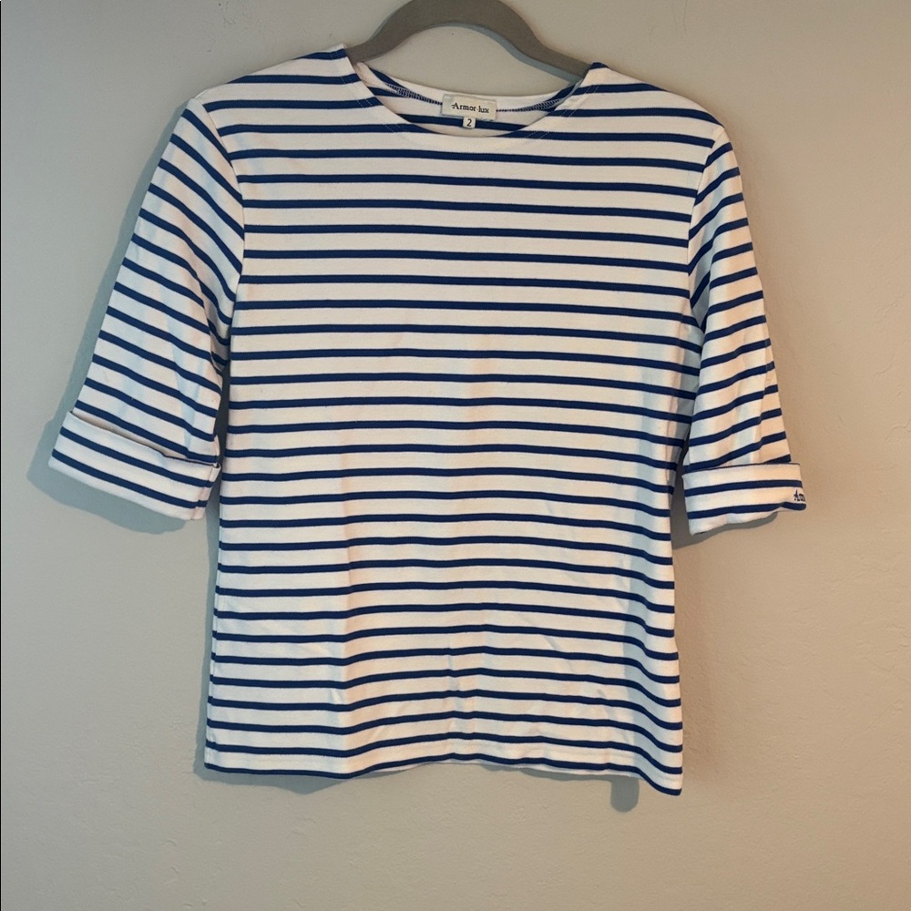 Armor Lux Navy and White Striped 3/4 Sleeve Tee